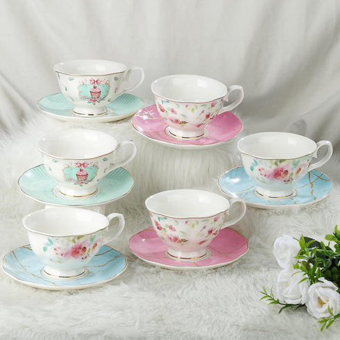 Set 6, Set fanquare Rose Tea Cup and Saucer for British Tea Cups for Gift, Multi-Color Flowers Porcelain Tea Service