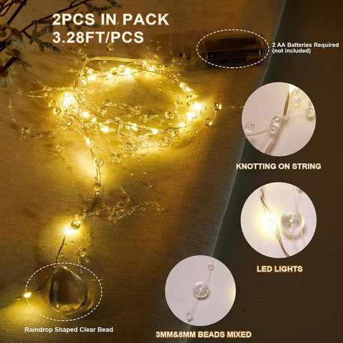 3-8mm Centerpiece(3.28ft/Set, 2 Set) Iridescent Bead String with Fairy Lights Battery Operated, Artificial Crystal