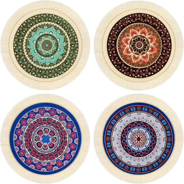 4 Pieces Rug Table Coasters, Oriental Design Fabric Drink Holders for Home Office, Round, Fresh Pattern