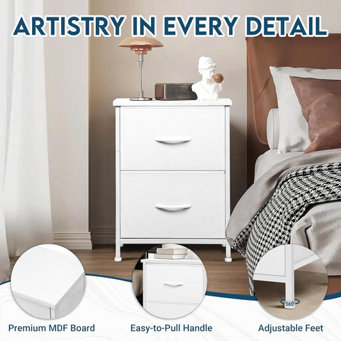 2 15.7" 11.8" 21" LOFTEY White Nightstand, Bedside Table with Fabric Drawers, Small Kids Night Stand for Bedroom, Bed