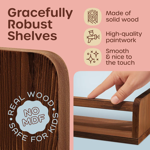 3 2 HOMEY PANDA Wall-Mounted Nursery Bookshelves - Long + Mini Shelves, Kids Room Storage (Walnut Pine Wood)