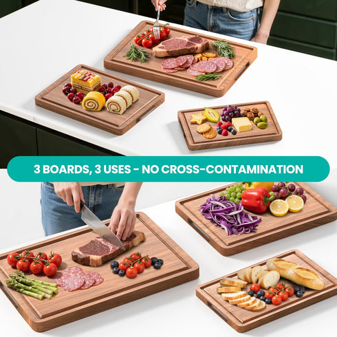 BETOLEAN Set 3-Piece Acacia Wood Cutting Boards with Juice Groove & Handles for Kitchen Charcuterie Chopping Board