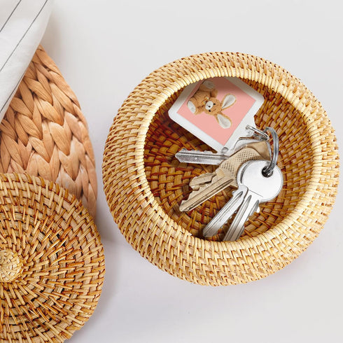 Round Rattan Basket Box with Lid, Small Handmade Woven Storage Basket for Home, Bathroom Decor Organizer