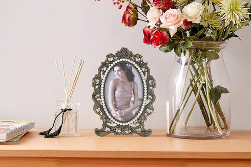 ChezMax Vintage Picture Photo Frames, 3x5 Ellipse Rose Antique Frame with Glass, Tabletop and Wall Hanging