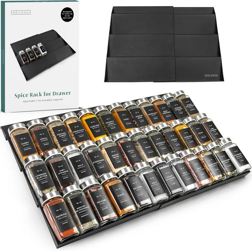 Plastic Spice Drawer Organizer, Expandable Rack for Drawer, Black Seasoning Organizer for Cabinet (Jars Not Included)