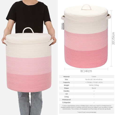 Sea Team Large Cotton Rope Woven Storage Basket with Lid, 16 x 20 inches, White & Pink, Clothes Toys Organizer