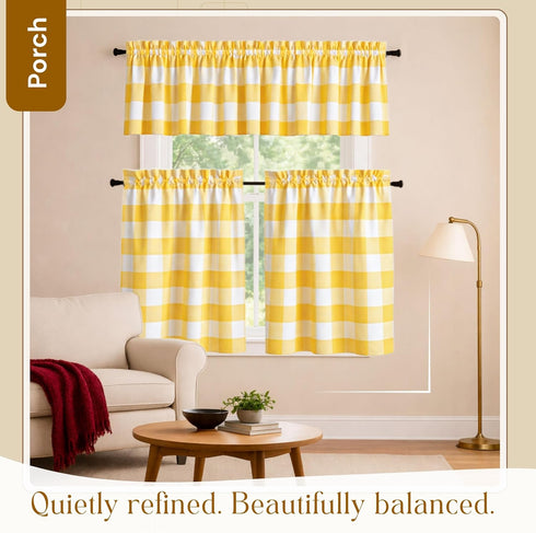 3 Set, 2 26x36 Inch 54x18 Inch, Native Fab Buffalo Check Short Window Curtains, Piece Tier and Valance Tiers