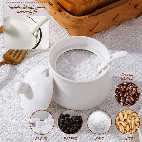TkoYuHm 7oz Farmhouse White Ceramic Sugar Bowl with Lid and Spoon Salt Container Jar for Coffee Table Porcelain
