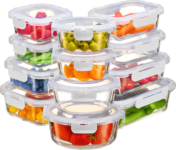FineDine 24 Piece Glass Storage Containers with Lids - Leak Proof, Dishwasher Safe for Meal Prep or Leftovers, White