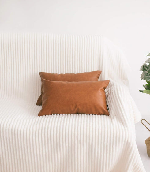 Faux Leather Lumbar Throw Pillow Cover 12x20, Decorative Cognac Brown Accent Cushion for Bedroom Living Room