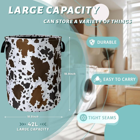 SELIONLIKN 18.9" x16.5" Cows Skin Brown Print Laundry Basket Foldable With Handles Tote Bag Oxford Cloth Animal Funny