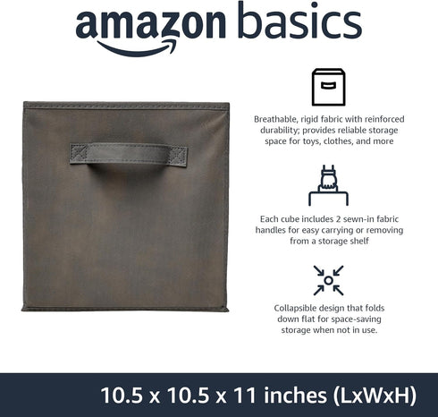 Amazon Basics Collapsible Fabric Storage Cubes Organizer with Handles, 10.5"x10.5"x11", Pack of 6, Gray