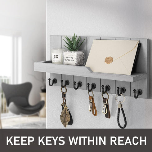 Rebee Vision Decorative Key and Mail Holder for Wall, 15 Inches Floating Shelf with 7 Key Hooks for Entryway Decor
