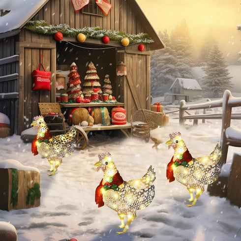 2 60 Shellwei Pcs Light up Chicken with Scarf Christmas Decoration Metal Chicken Ornaments with LED Lights Christmas