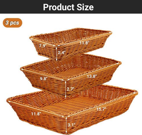 3 Pack EUSOAR Poly Wicker Bread Basket, Natural Brown Woven Decorative Bread Basket, Loaf Bread Vegetables Fruit Snack
