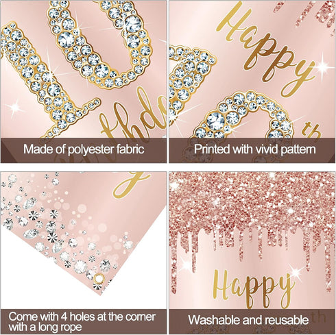 Happy 10th Birthday Door Banner Backdrop Decorations, Pink Rose Gold 10 Year Old Birthday Party Door Cover Sign Supplies