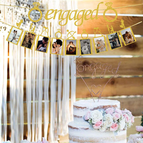 Engagement Wedding Decorations, Gold Engaged Banner and Photo Banner with Romantic Memories Picture Card Frames