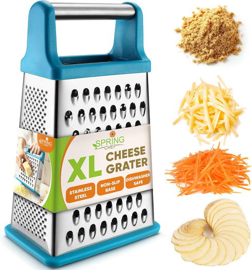 Spring Chef Handheld Stainless Steel XL Parmesan Cheese Grater with Handle - 4 Sided Metal Box Grater for Kitchen