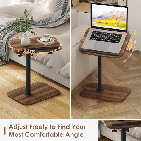 360 Side Table Sofa Tv Tray Height Adjustable C Shaped End Table Swivel Overbed Living Room Couch Table, Walnut