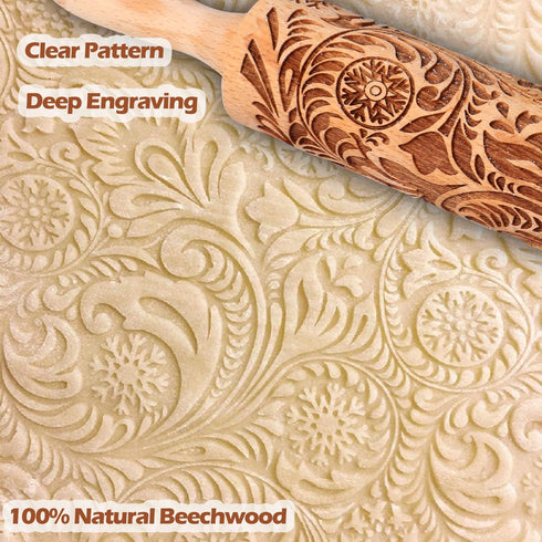Embossed Rolling Pin for Baking, Cookie Embossing Rolling Pins with Flower Pattern Christmas Snowflake Paisley Wooden Engraved Dough Roller Clay Pottery Ceramic Kitchen Baking Gifts Bakers Women Kids by Big Role