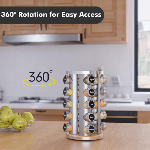 Revolving Spice Rack Set with 20 Spice Jars, Kitchen Spice Tower Organizer for Countertop or Cabinet, Includes 386
