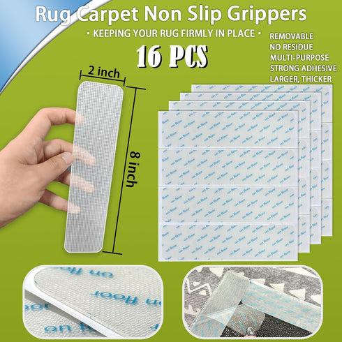 16Pcs Non-Slip Rug Carpet Grippers, Large Reusable Tape Pads, Strong Adhesive, Removable Double-Sided Strips
