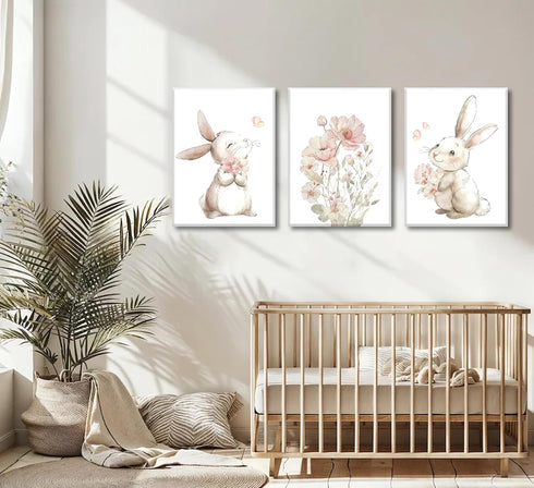 Grengel Pink Girl Nursery Bunny Canvas Wall Art Cute Rabbit Wildflowers Painting Pictures Wall Decor Botanical