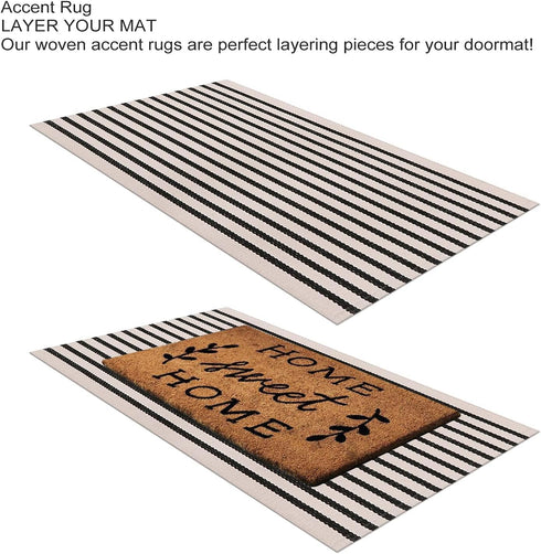 LEEVAN Black and White Striped Rug Doormat 24"x35", Washable Cotton Hand Woven for Entryway