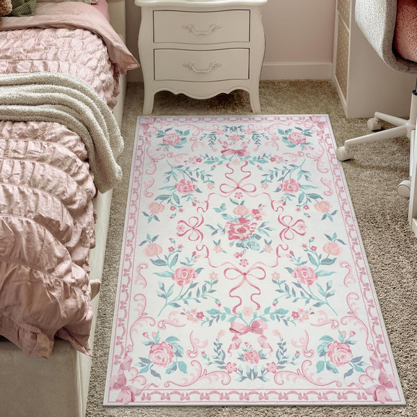 Collive Pink Rugs for Bedroom Girls, 4x6 Floral Washable Area Rug Non