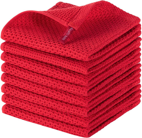 joybest Cotton Kitchen Dish Cloths, 8-Pack Waffle Weave Ultra Soft Absorbent Dish Towels, 12x12 Inches, Red