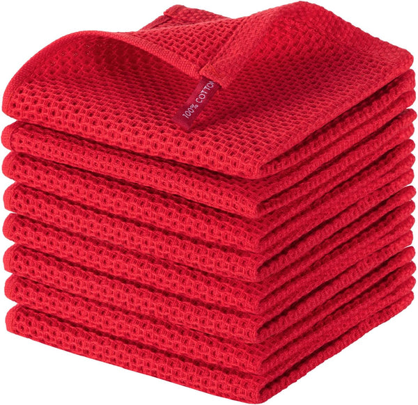 joybest Cotton Kitchen Dish Cloths, 8-Pack Waffle Weave Ultra Soft Absorbent Dish Towels, 12x12 Inches, Red