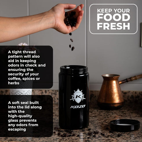 KOZO Black Glass Airtight Storage Jar with UV Protection, Humidity Pack, Large 2 oz Size (1000ml) for Spices and Herbs