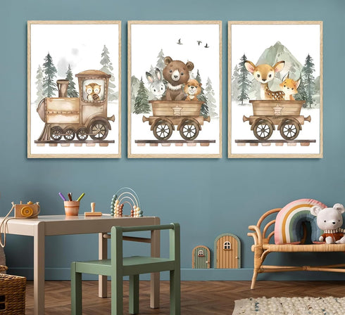 SZHUAAIC 3Pcs Woodland Animal Nursery Canvas Wall art Forest Wildlife Train Adventure Drawing Picture Wall Decor Fox