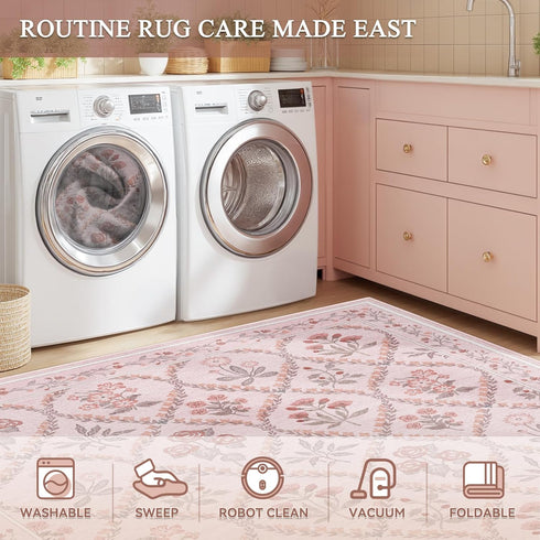 5x7 Pink Rug for Bedroom Girls, Washable Rug for Floral Nursery Decor, Cute Soft Low-Pile Non Slip Indoor Floor Carpet