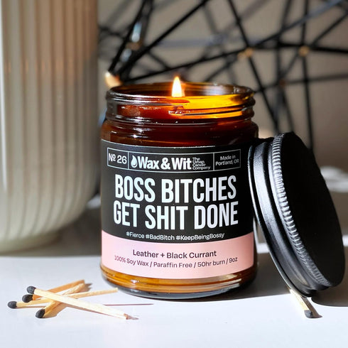 Wax & Wit Funny Soy Candle Gift for Women - Humorous Aromatherapy Candle, Leather and Black Currant - 9oz, Ideal for