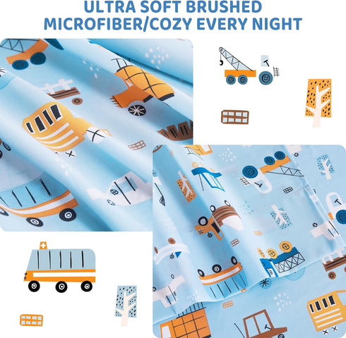 3 Set Sets Viviland Pieces Boys Blue Truck Twin Sheet - Soft Microfiber Fitted Flat Sheets & Pillowcase - Construction
