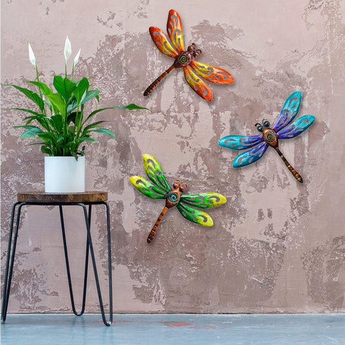 wotieuns 3 Set Metal Dragonfly Wall Decoration, Outdoor Art for Garden Fence, Living Room, and Porch