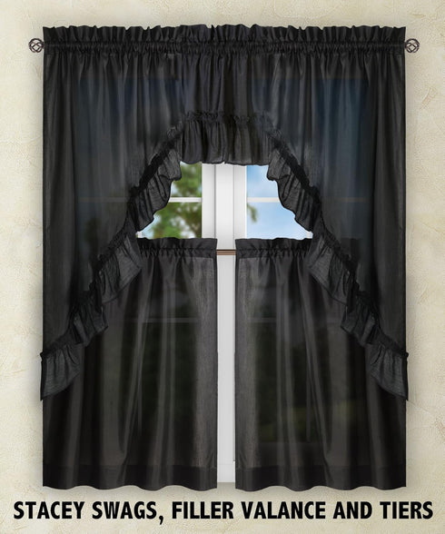 Ellis Curtain Stacey Sheer Tailored Tier Pair Curtains, 56" x 30", Black