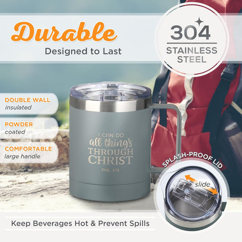 Christian Art Gifts Stainless Steel Double Wall Vacuum Insulated Camp Style Travel Mug 11 oz Gray with Lid and Handle