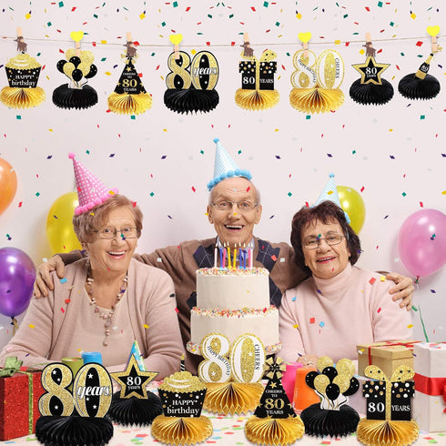 Outus 8 Pcs 80th Birthday Table Decorations, Black Gold Honeycomb Centerpieces for 80 Years Anniversary