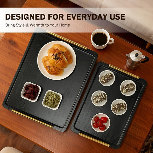 PEKER Wooden Serving Tray with Metal Handles, Black Decorative Coffee Table Tray for Breakfast in Bed, Ottoman & Home