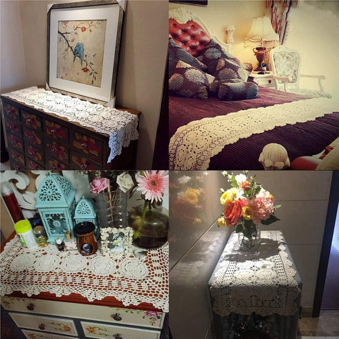 Damanni Rectangular Cotton Handmade Crochet Lace Table Runner Doilies, 16 Inch by 47 Inch, Beige Decor