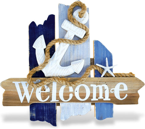 CoTa Global Atlantic Anchor Welcome Nautical Decor Sign - Beach Decor for Wall, White and Blue Starfish