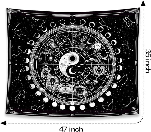 Twelve Constellation Tapestry, Black and White Sun and Moon, Yin and Yang Mystic Wall Hanging for Home Decor