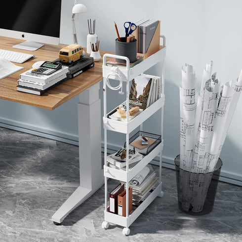 SOLEJAZZ Slim Storage Cart, 4 Tier Bathroom Organizer, Rolling Utility Cart for Kitchen, Laundry, White