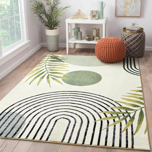 RoomTalks Mid Century Modern Washable Rug, Green Boho Cute Aesthetic 4x6 Area Rugs