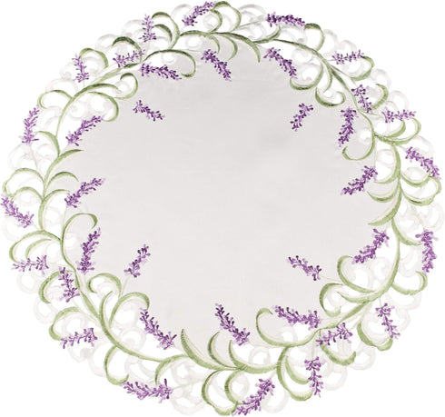 Linens, Art and Things Embroidered Purple Lavender Lilac on Ivory Large Doily, 24 Inch Round