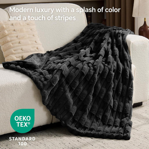 Cozy 50x60 inch, BEDELITE Faux Fur Black Throw Blanket for Couch - Super Soft & Plush Striped Blanket for Sofa and Room