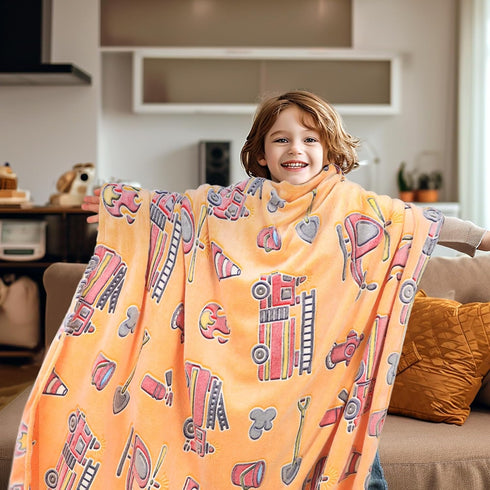 50"x60" Toddler Blankets for Boys, Glow in The Dark Fire Truck Throw with Tractor, Excavator Construction Toys