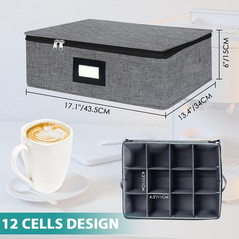 VERONLY Quilted Cup and Mug Storage Box, China Storage Containers with Zipper Lid and Handles, Holds 12 Coffee Mugs and Tea Cups, Hard Shell and Stackable for Dinnerware Storage, Transport (Dark Grey) by VERONLY